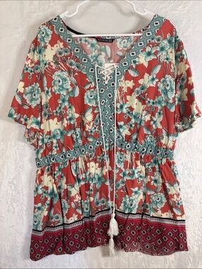 BloomChic Coral Floral Lace-Up Tunic with Teal Accents NWT